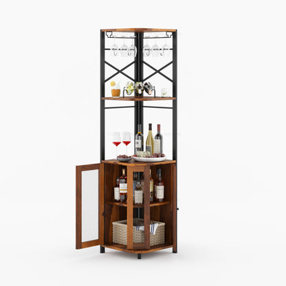 Jasper Solid Wood Corner Wine Bar Cabinet with Glass Rack &amp; Storage