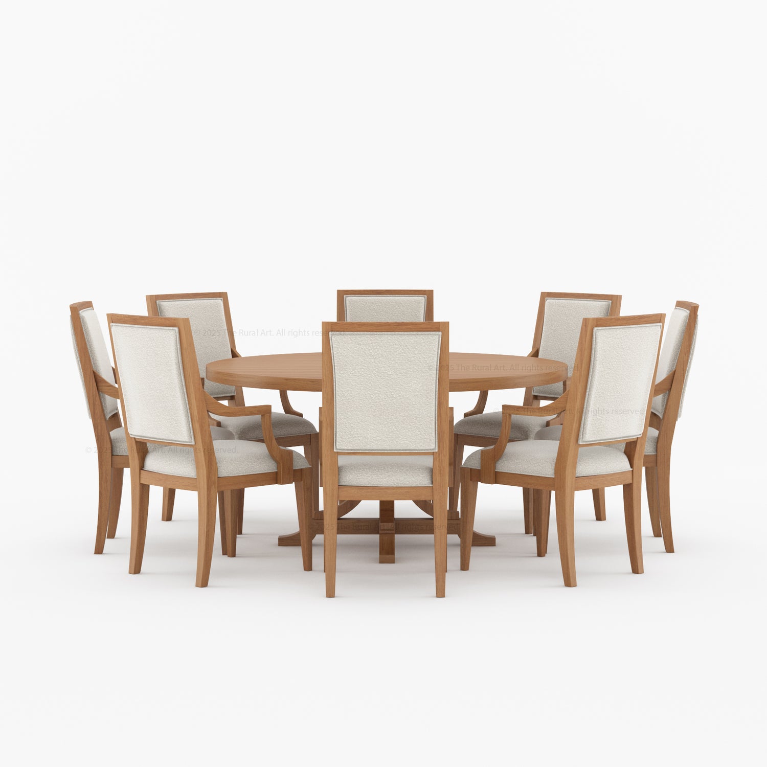 Miami Round Solid Wood Dining Table Set with Iron-Accented Pedestal &amp; Upholstered Armchairs