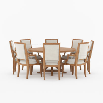 Miami Round Solid Wood Dining Table Set with Iron-Accented Pedestal &amp; Upholstered Armchairs
