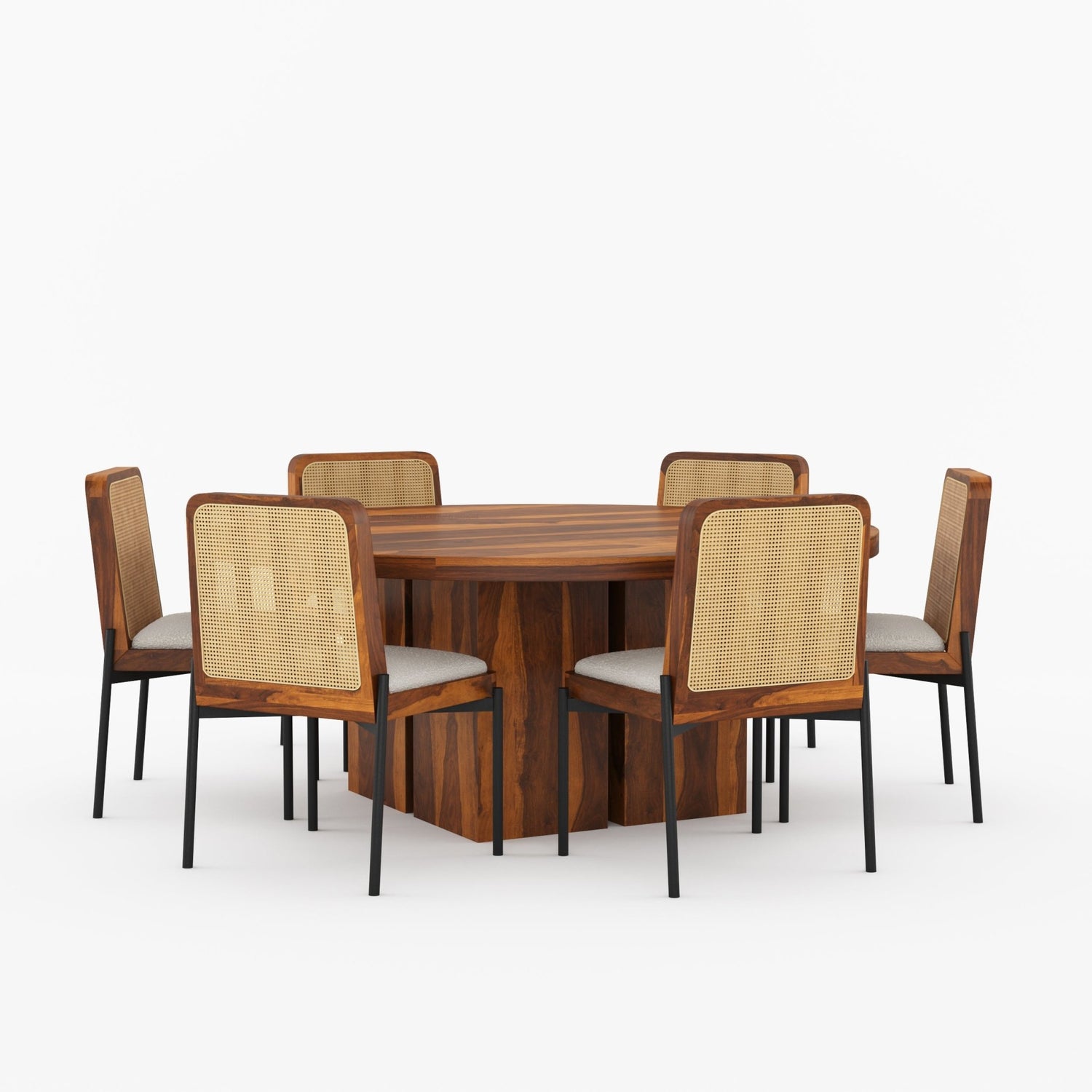 Ozark Round Wooden Pedestal Dining Table with Cane-Back Upholstered Chairs