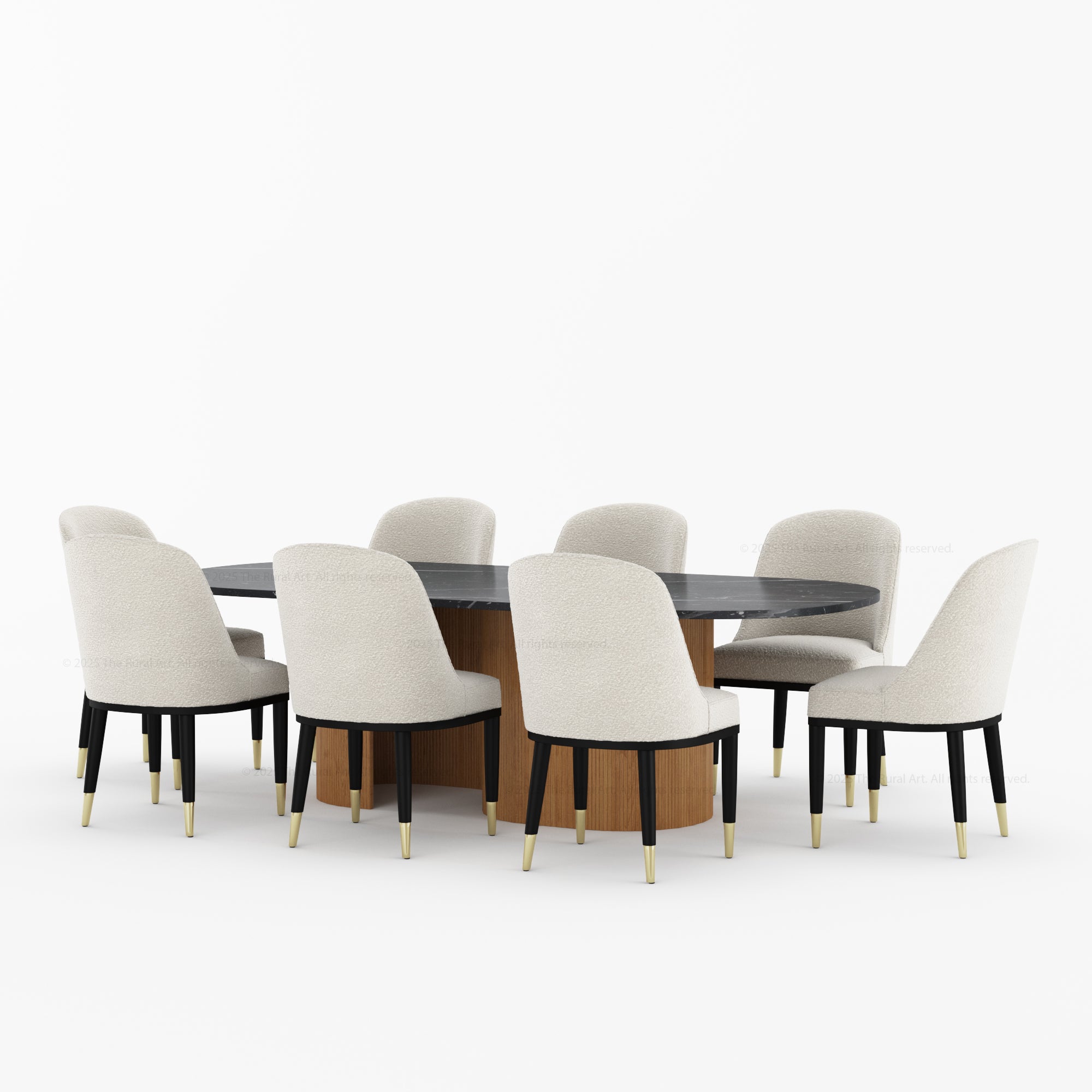 Connersville Modern Stone Top Dining Table Set with Sculptural Fluted Base &amp; Upholstered Chairs