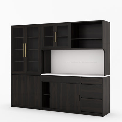 Girtin Solid Wood Wine &amp; Coffee Bar Hutch with White Quartz Countertop – 99” Width