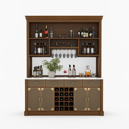 Lexington Solid Wood Wine Bar Cabinet with Hutch, Marble Countertop &amp; Leather Detailing