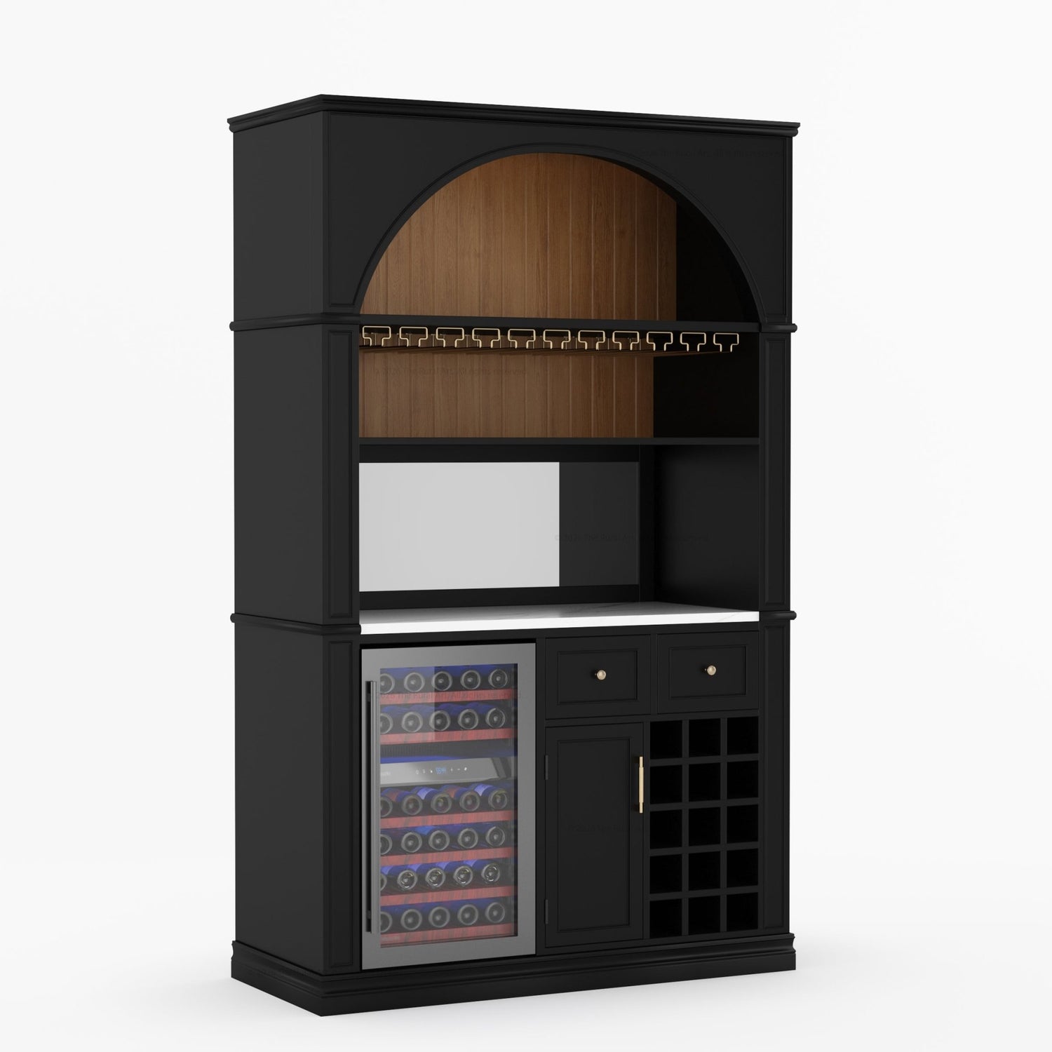Douglas Arch Wine Bar Cabinet with Fridge Space &amp; Marble Countertop