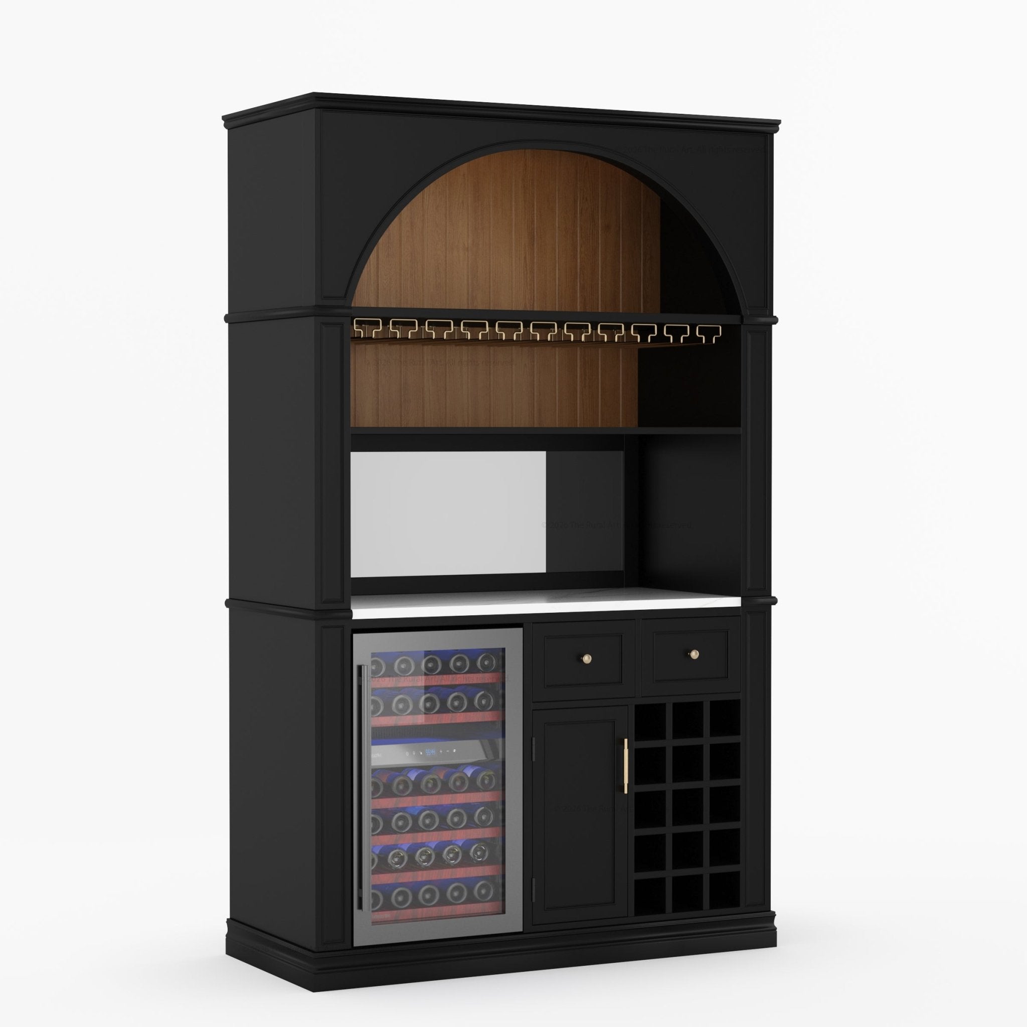 Douglas Arch Wine Bar Cabinet with Fridge Space &amp; Marble Countertop
