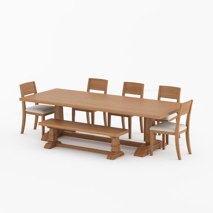 Roseville Solid Wood Dining Set Trestle Table with Chairs &amp; Bench Coastal Farmhouse Style