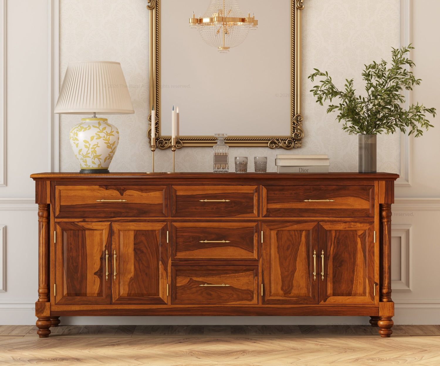 Indiana Traditional Solid Wood Sideboard with 5 Drawers and Cabinet Storage