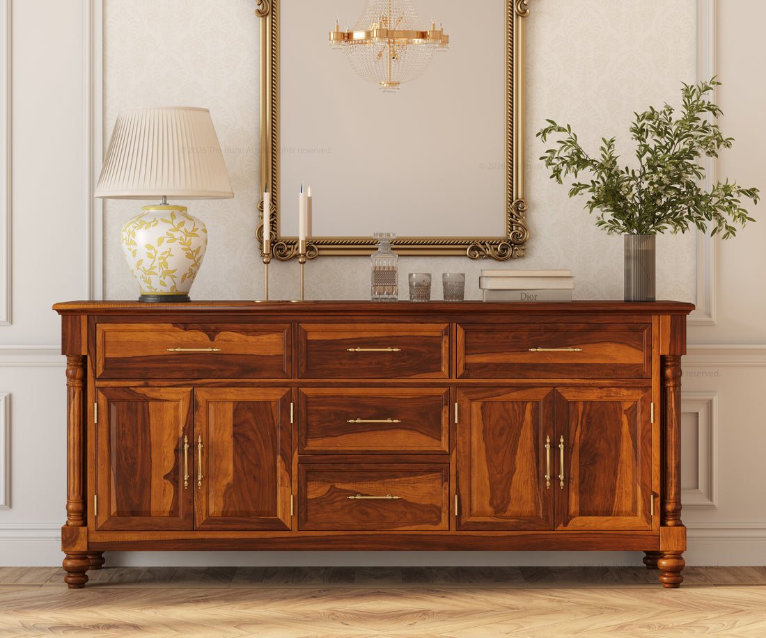 Indiana Traditional Solid Wood Sideboard with 5 Drawers and Cabinet Storage