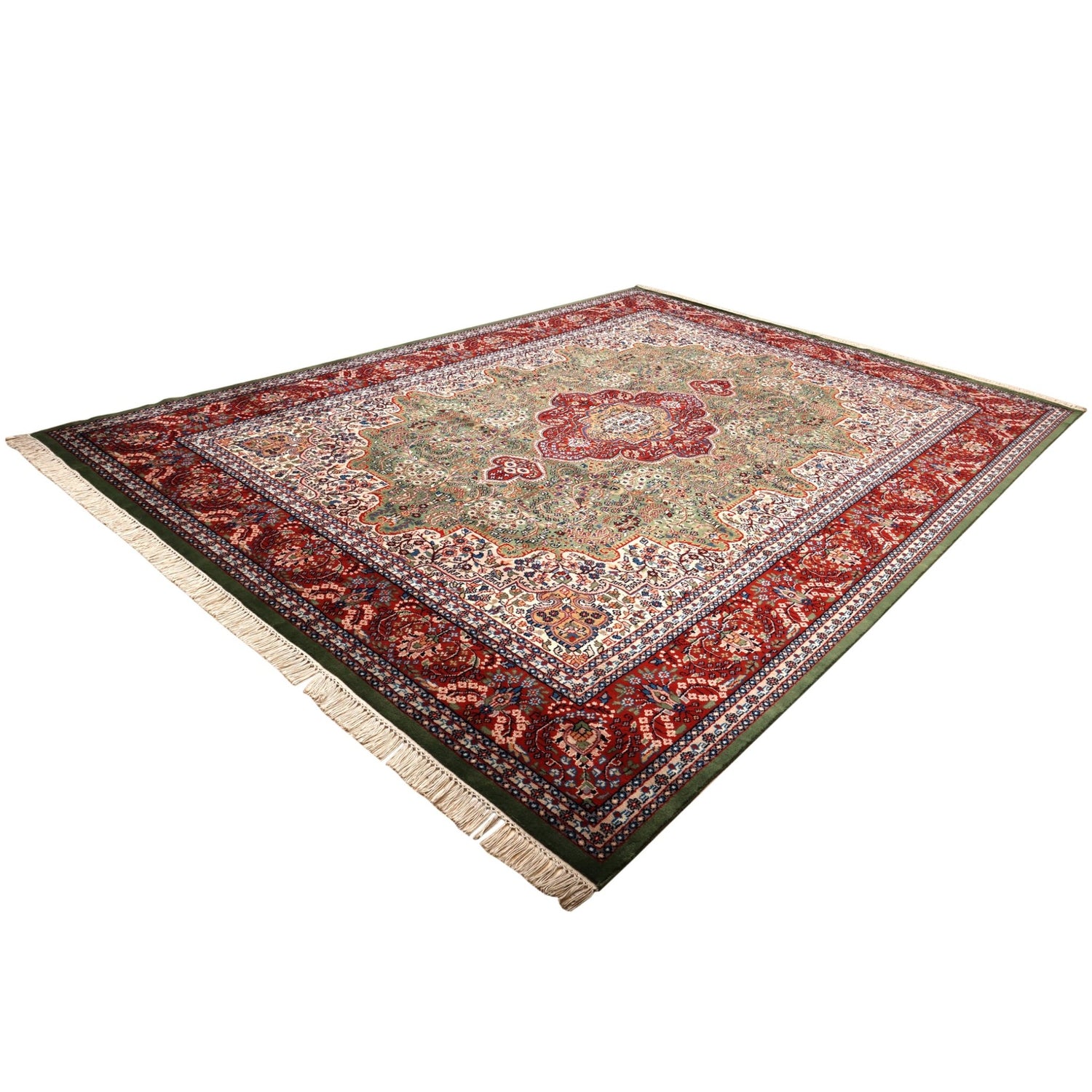 Asheville Hand-Knotted Wool Oriental Rug Sage Green, Crimson &amp; Ivory