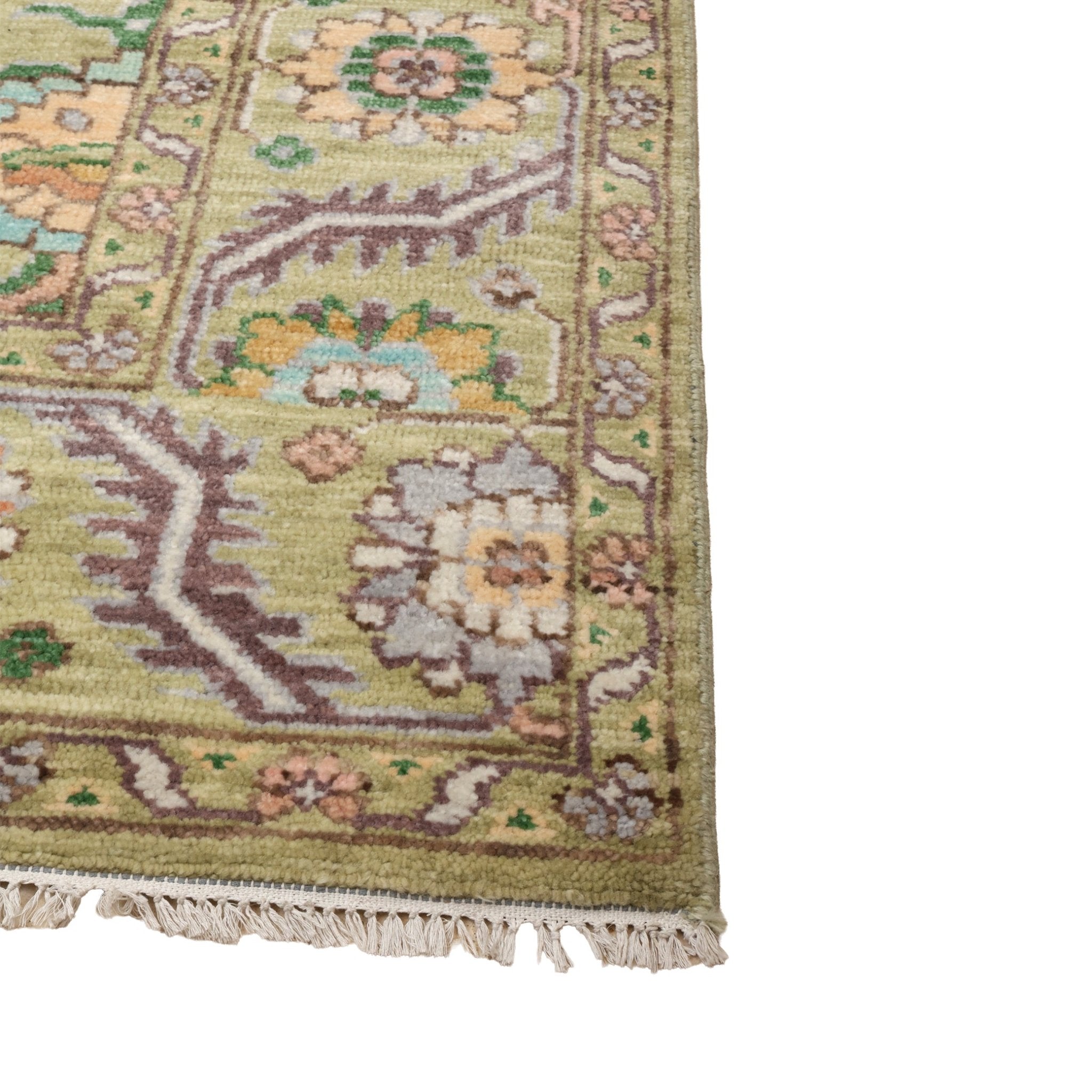 Dilkush Hand-Knotted Wool Oushak Rug in Sage Green &amp; Soft Yellow