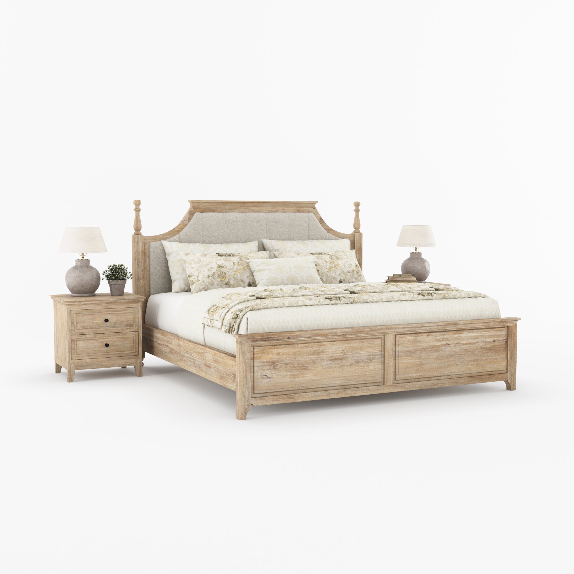 Anniston Solid Wood Bed and Nightstand Set with Upholstered Headboard