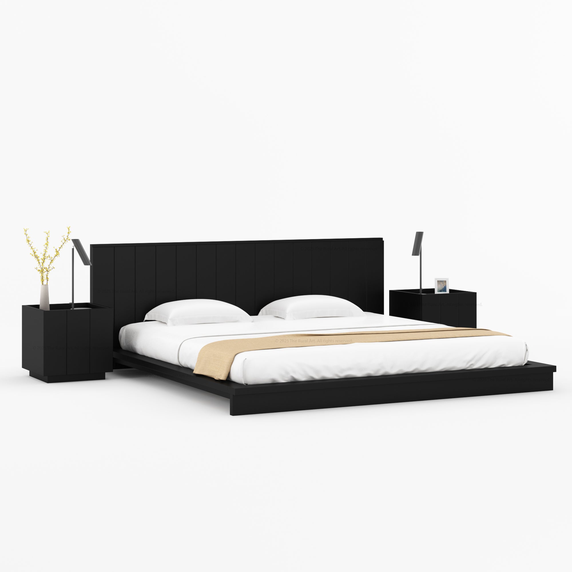 Teak Wood Platform Bed with Vertical Slat Headboard | Sierra Vista