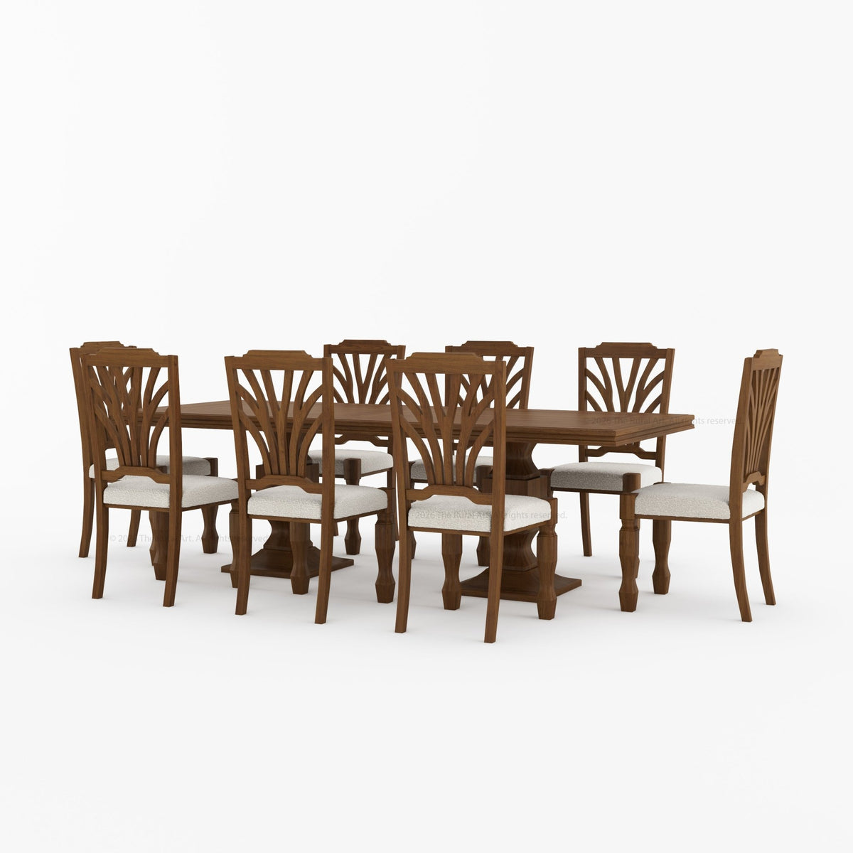 Carlsbad Solid Wood Double Pedestal Dining Table Set with Upholstered Sunburst Chairs