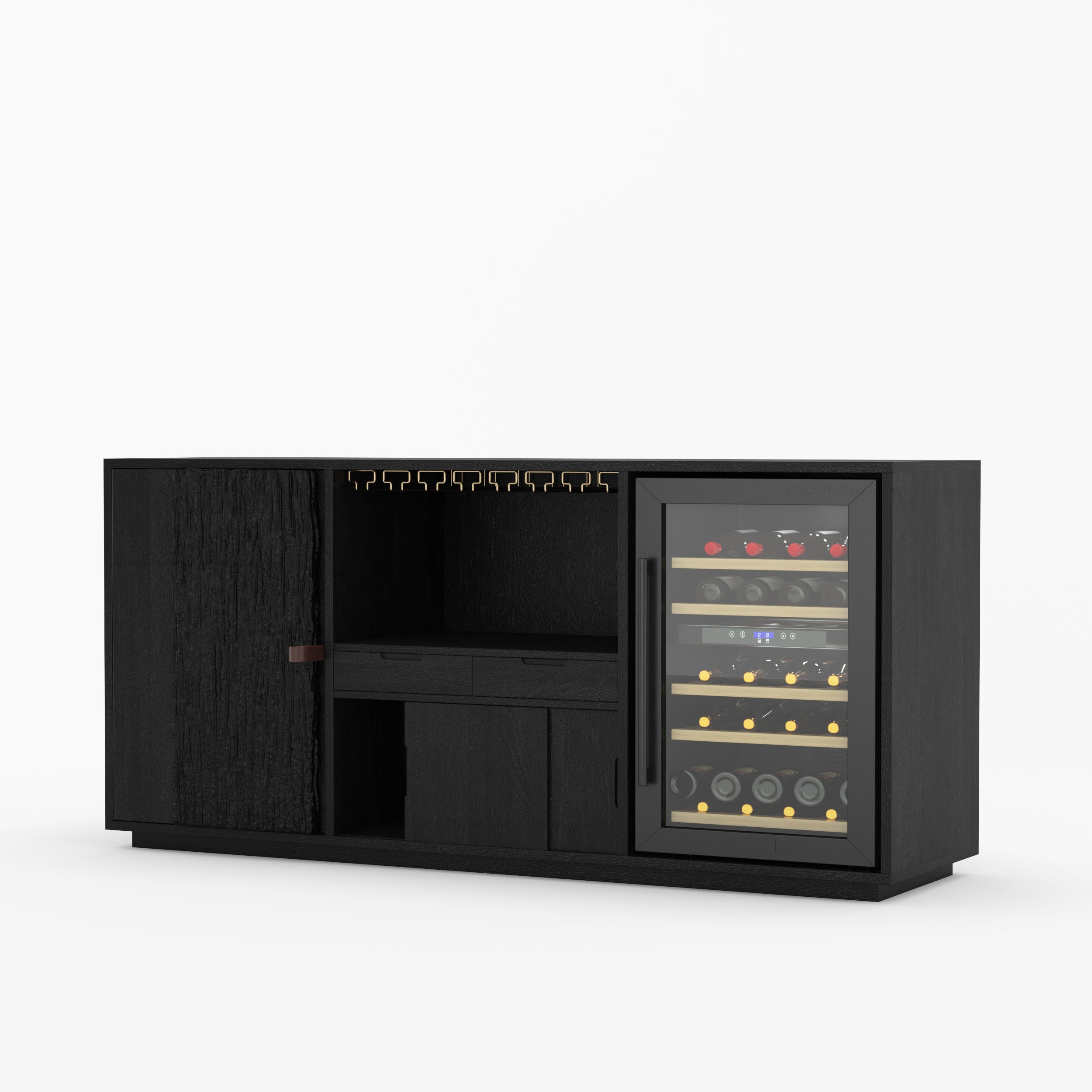 Myers Modern Black Bar Cabinet with Mini Fridge Space &amp; Leather Strap Door