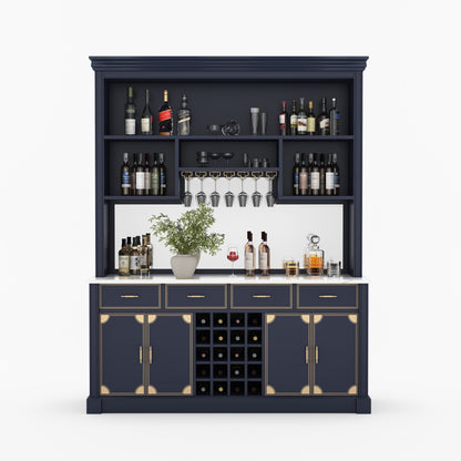 Lexington Solid Wood Wine Bar Cabinet with Hutch, Marble Countertop &amp; Leather Detailing