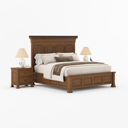 Prescott Grand Heritage Solid Wood Bed with Hand-Carved Panel Headboard