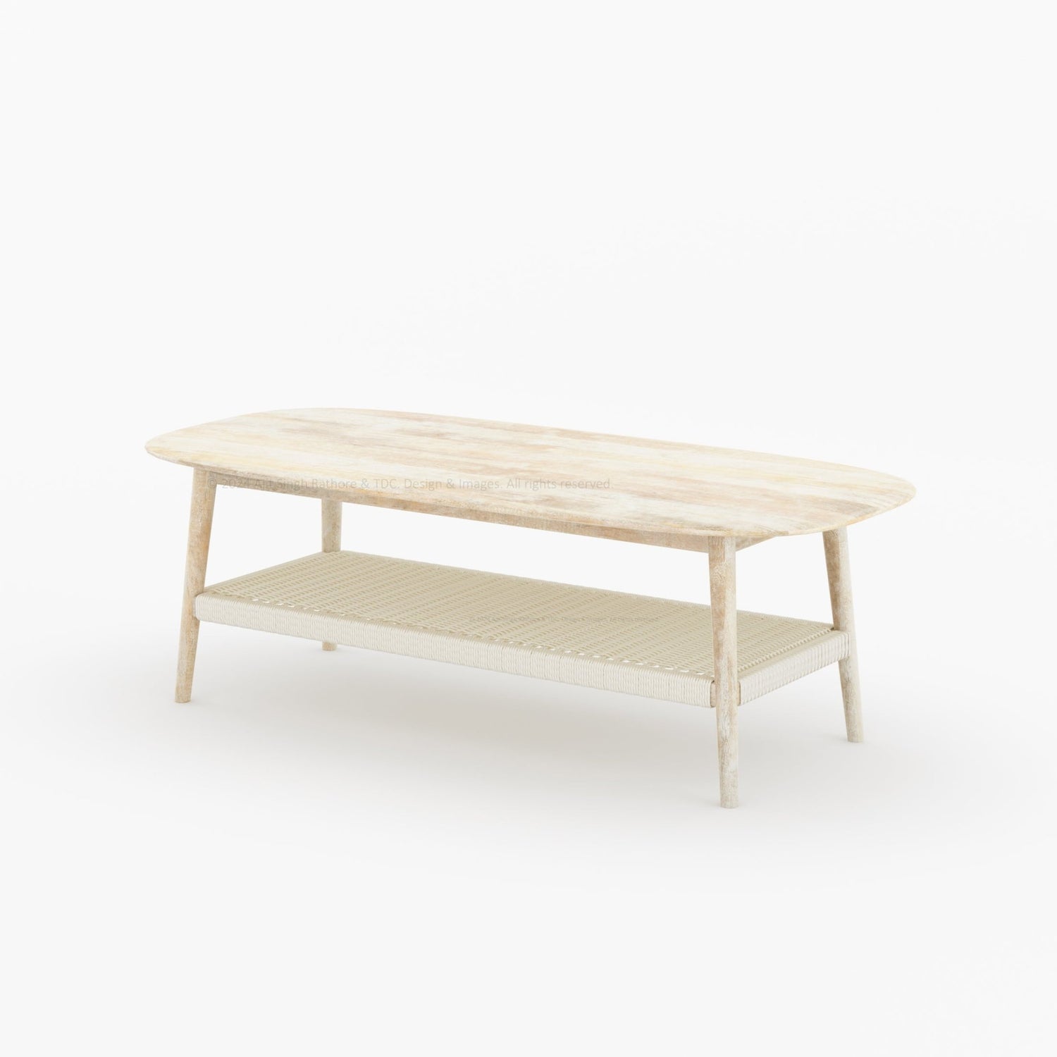 Two-Tier Coffee Table with Solid Wood Top and Polyester Rope Shelf