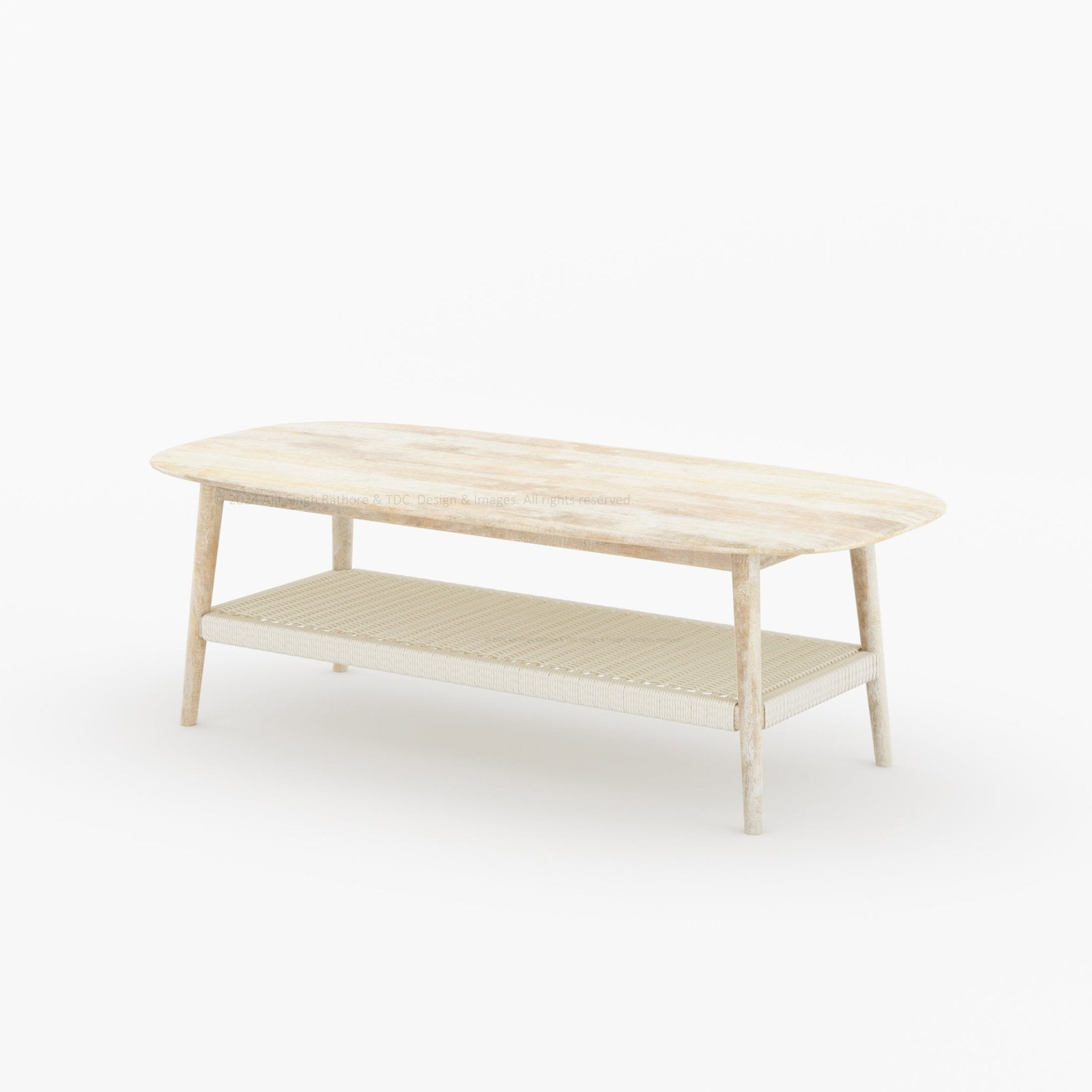 Two-Tier Coffee Table with Solid Wood Top and Polyester Rope Shelf