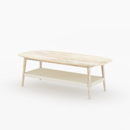 Two-Tier Coffee Table with Solid Wood Top and Polyester Rope Shelf