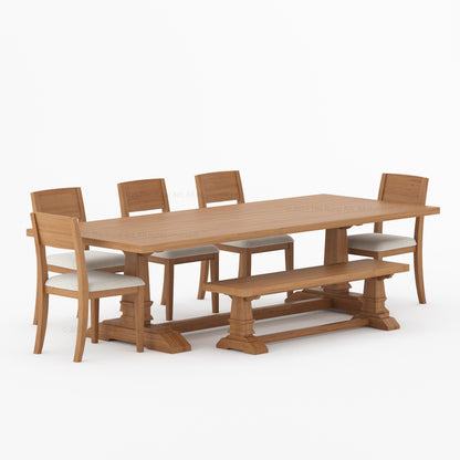 Roseville Solid Wood Dining Set Trestle Table with Chairs &amp; Bench Coastal Farmhouse Style