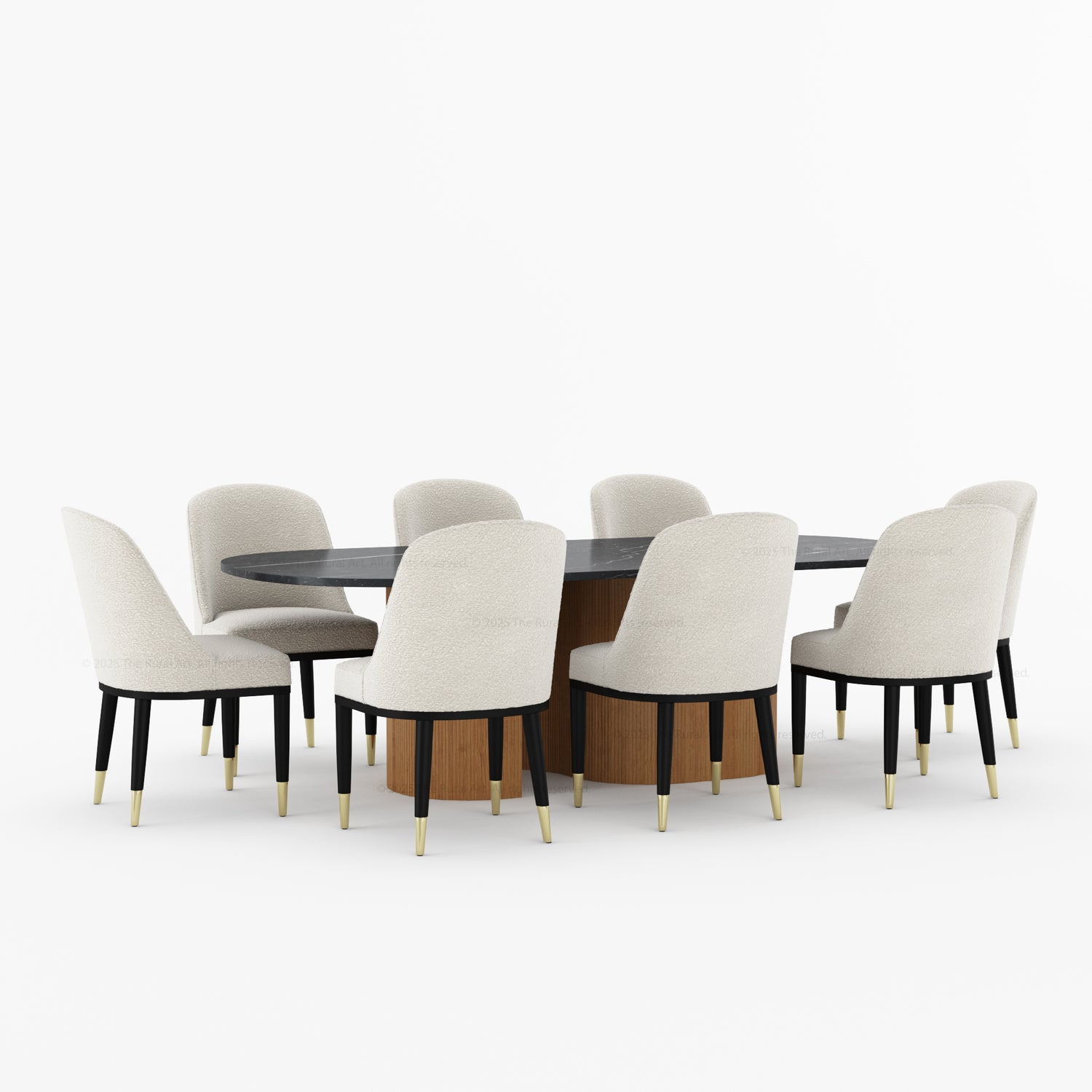 Connersville Modern Stone Top Dining Table Set with Sculptural Fluted Base &amp; Upholstered Chairs