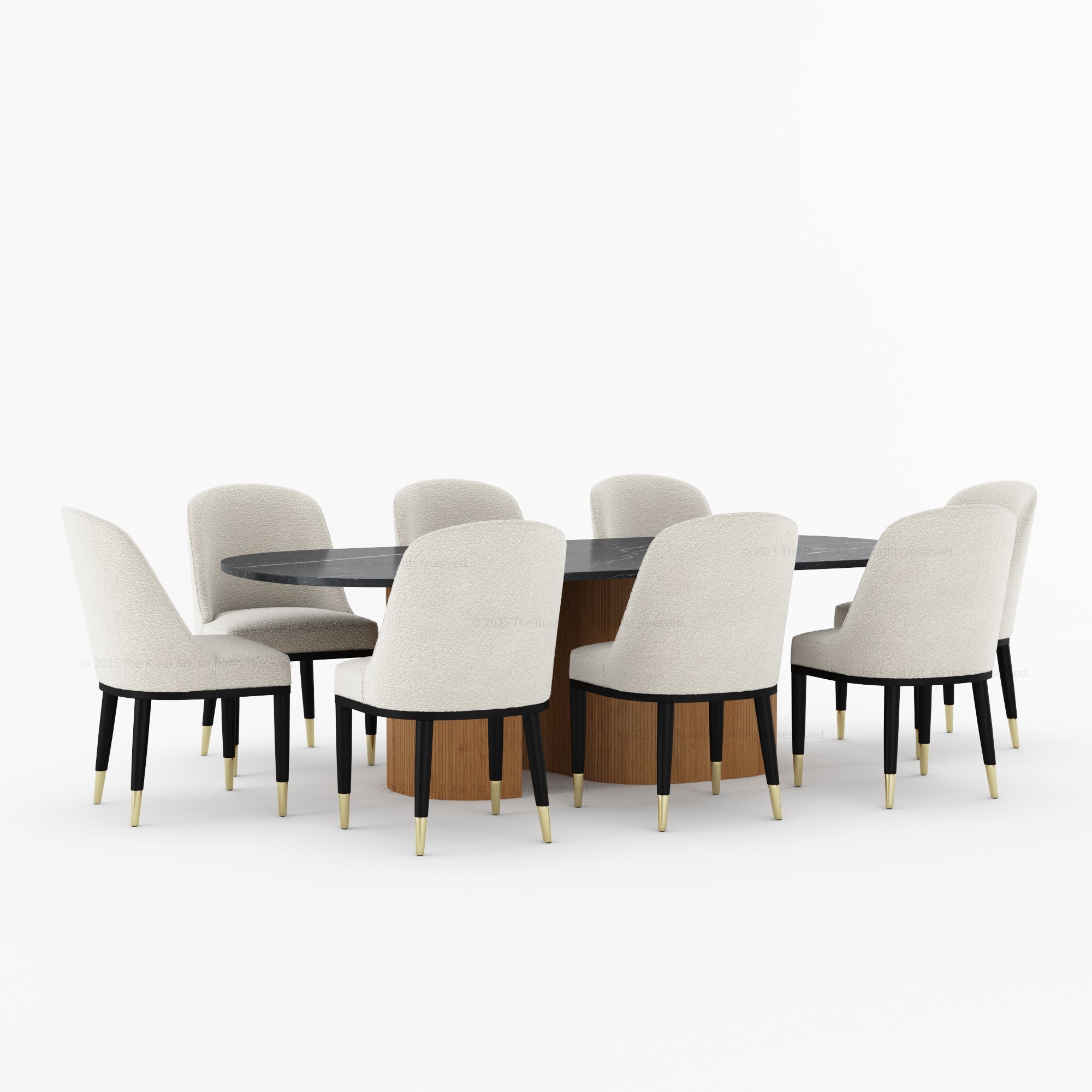 Connersville Modern Stone Top Dining Table Set with Sculptural Fluted Base &amp; Upholstered Chairs
