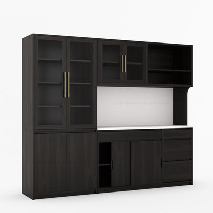 Girtin Solid Wood Wine &amp; Coffee Bar Hutch with White Quartz Countertop – 99” Width