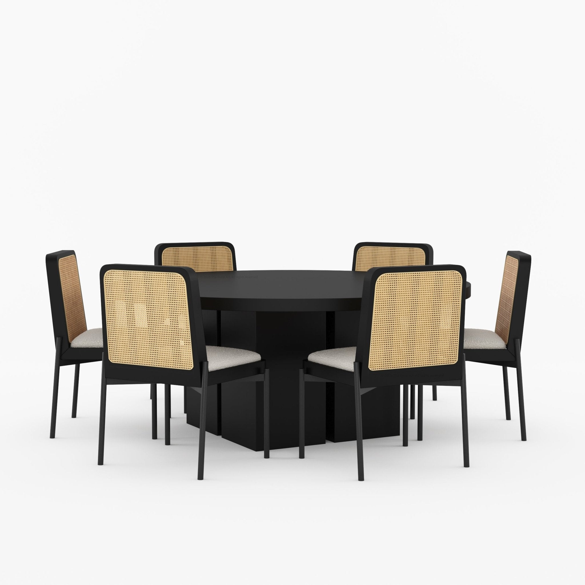 Ozark Round Wooden Pedestal Dining Table with Cane-Back Upholstered Chairs