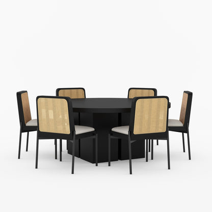 Ozark Round Wooden Pedestal Dining Table with Cane-Back Upholstered Chairs