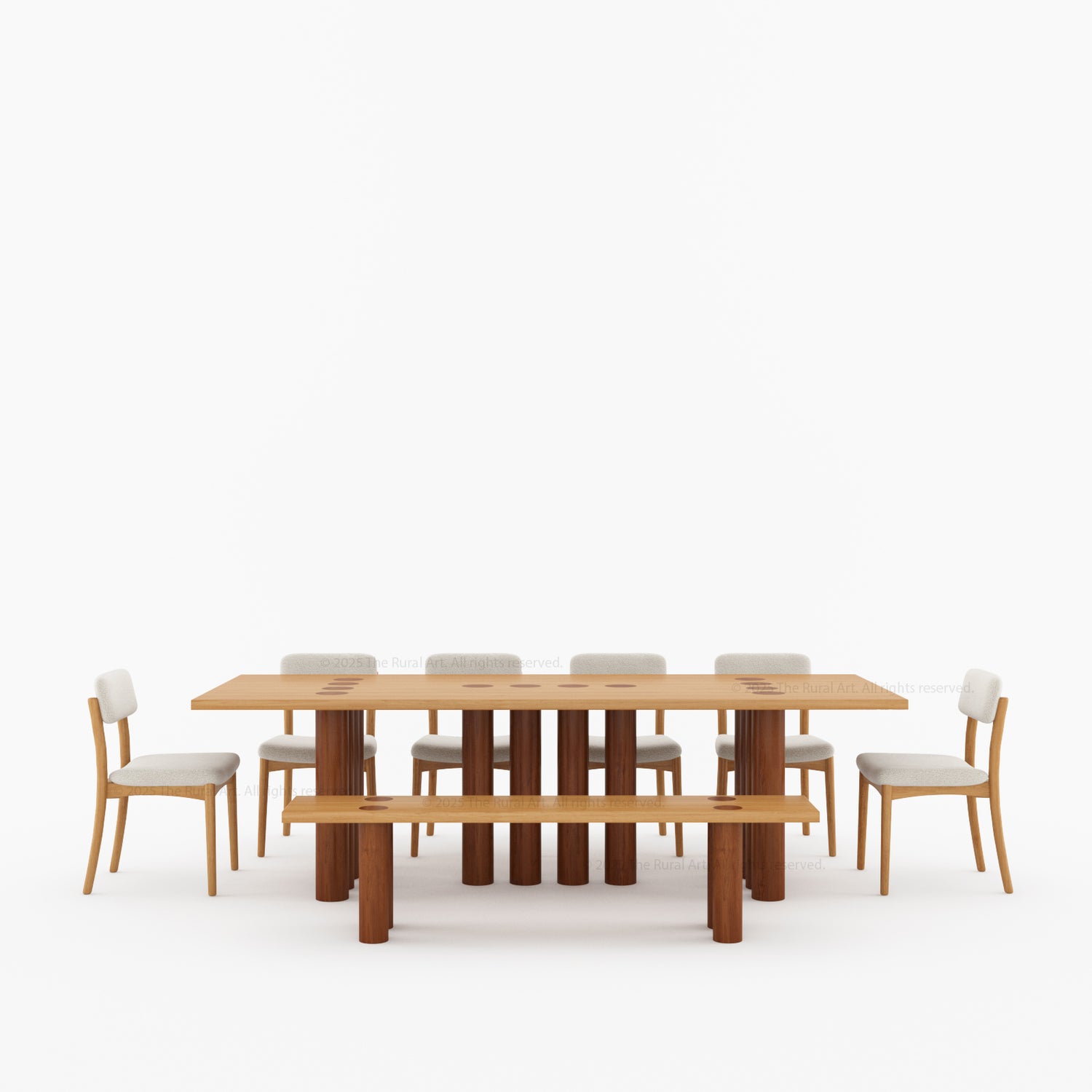New York Modern Large Dining Table Set Made In Solid Wood Sculptural Round Legs &amp; Inlay Accents