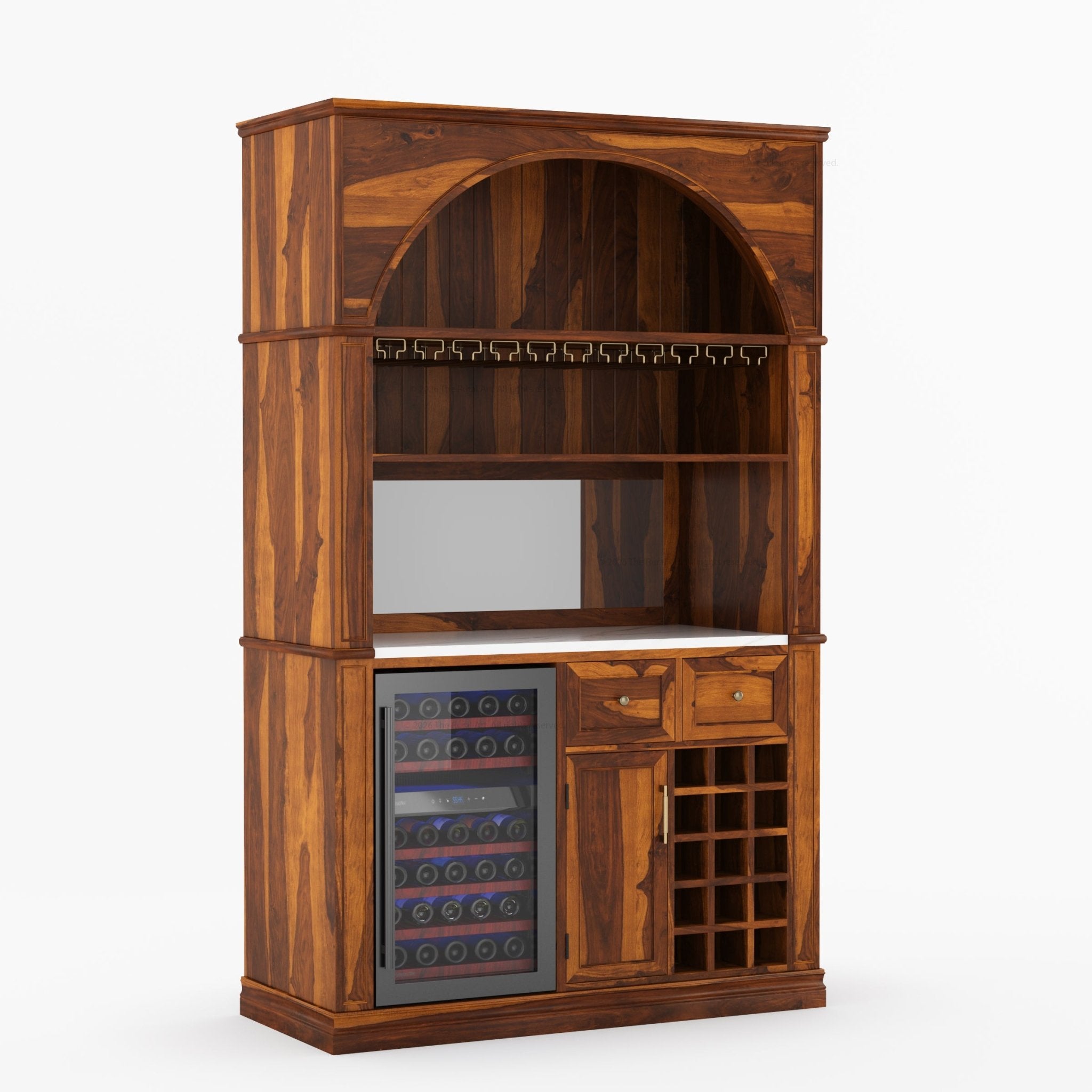 Douglas Arch Wine Bar Cabinet with Fridge Space &amp; Marble Countertop