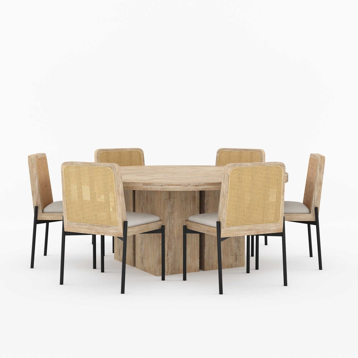 Ozark Round Wooden Pedestal Dining Table with Cane-Back Upholstered Chairs