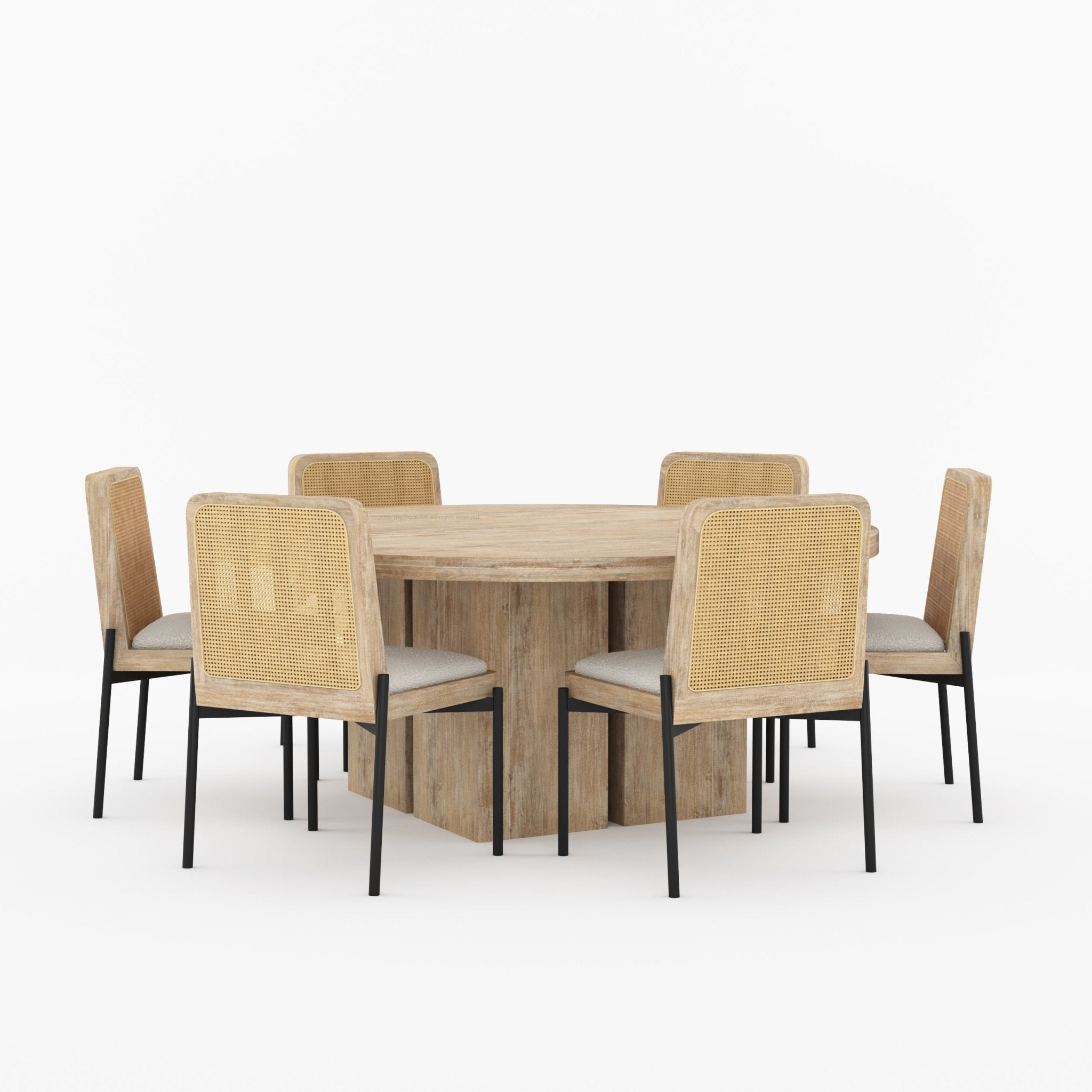 Ozark Round Wooden Pedestal Dining Table with Cane-Back Upholstered Chairs
