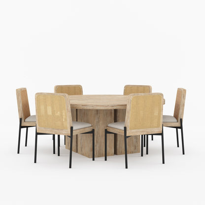 Ozark Round Wooden Pedestal Dining Table with Cane-Back Upholstered Chairs