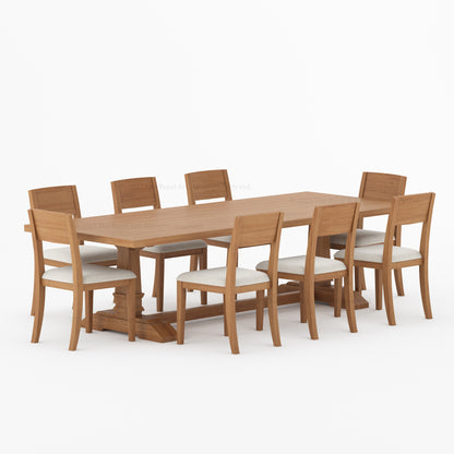 Roseville Solid Wood Dining Set Trestle Table with Chairs &amp; Bench Coastal Farmhouse Style