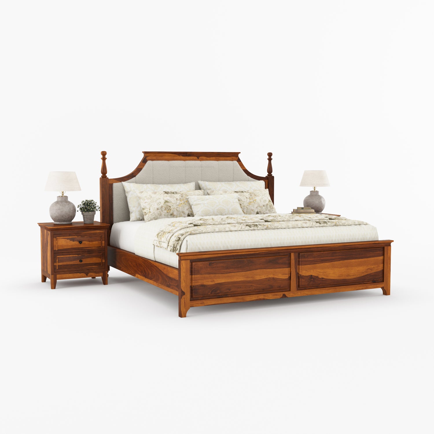 Anniston Solid Wood Bed and Nightstand Set with Upholstered Headboard