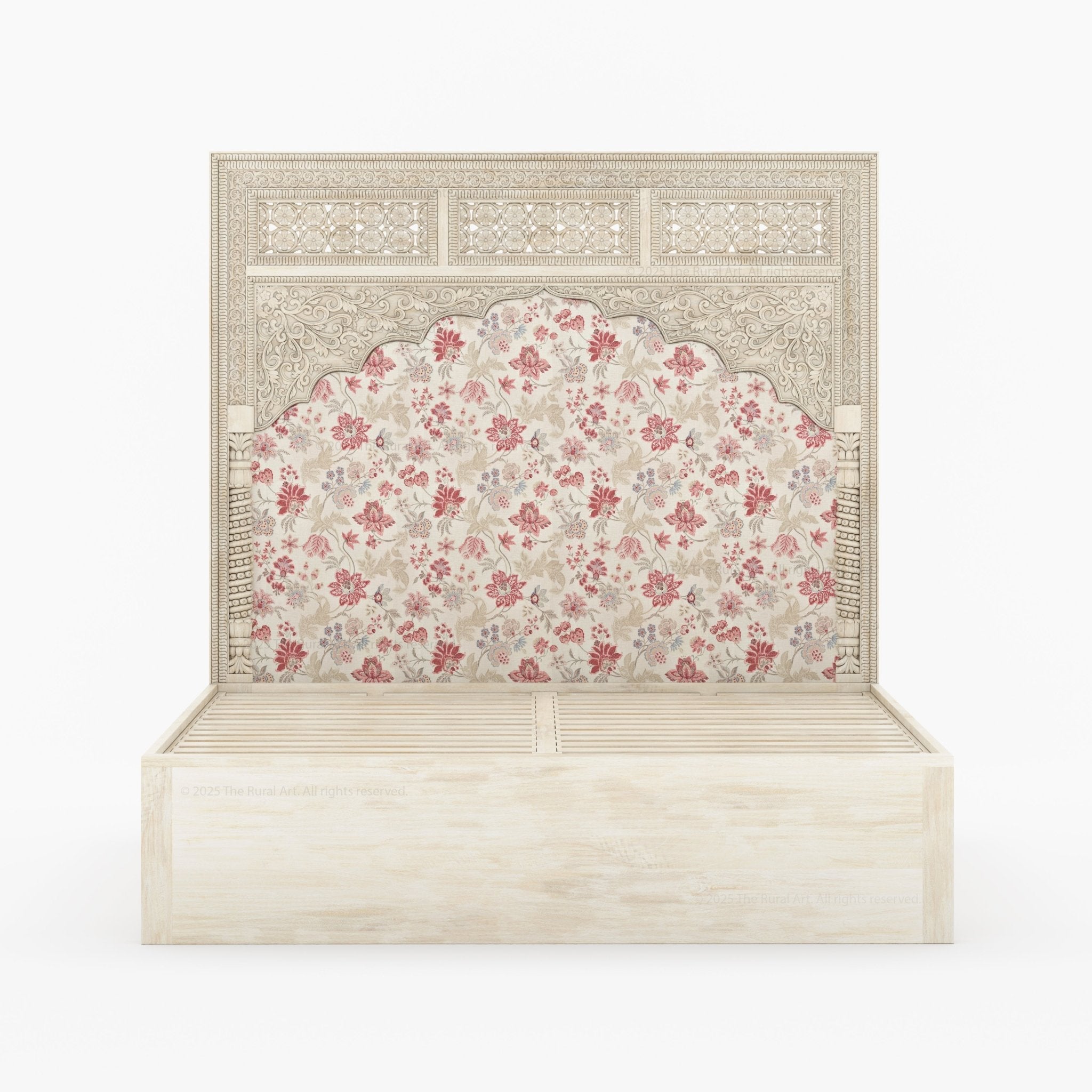 Dakota Antique White Solid Wood Bed Hand-Carved with Vintage Floral Fabric Headboard