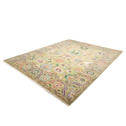 Dilkush Hand-Knotted Wool Oushak Rug in Sage Green &amp; Soft Yellow