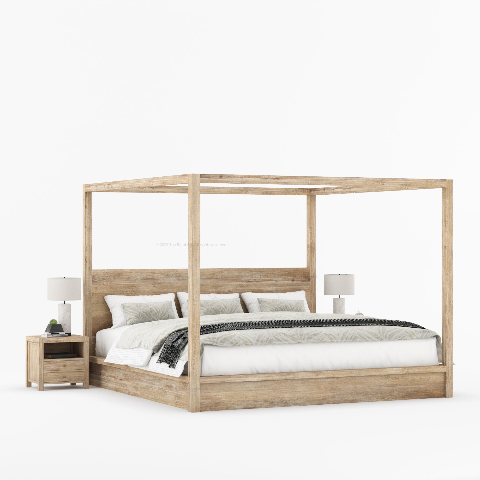 Orlando Solid Wood Canopy Platform Bedroom Set With Dresser, Nightstand, Bedside Bench &amp; Mirror