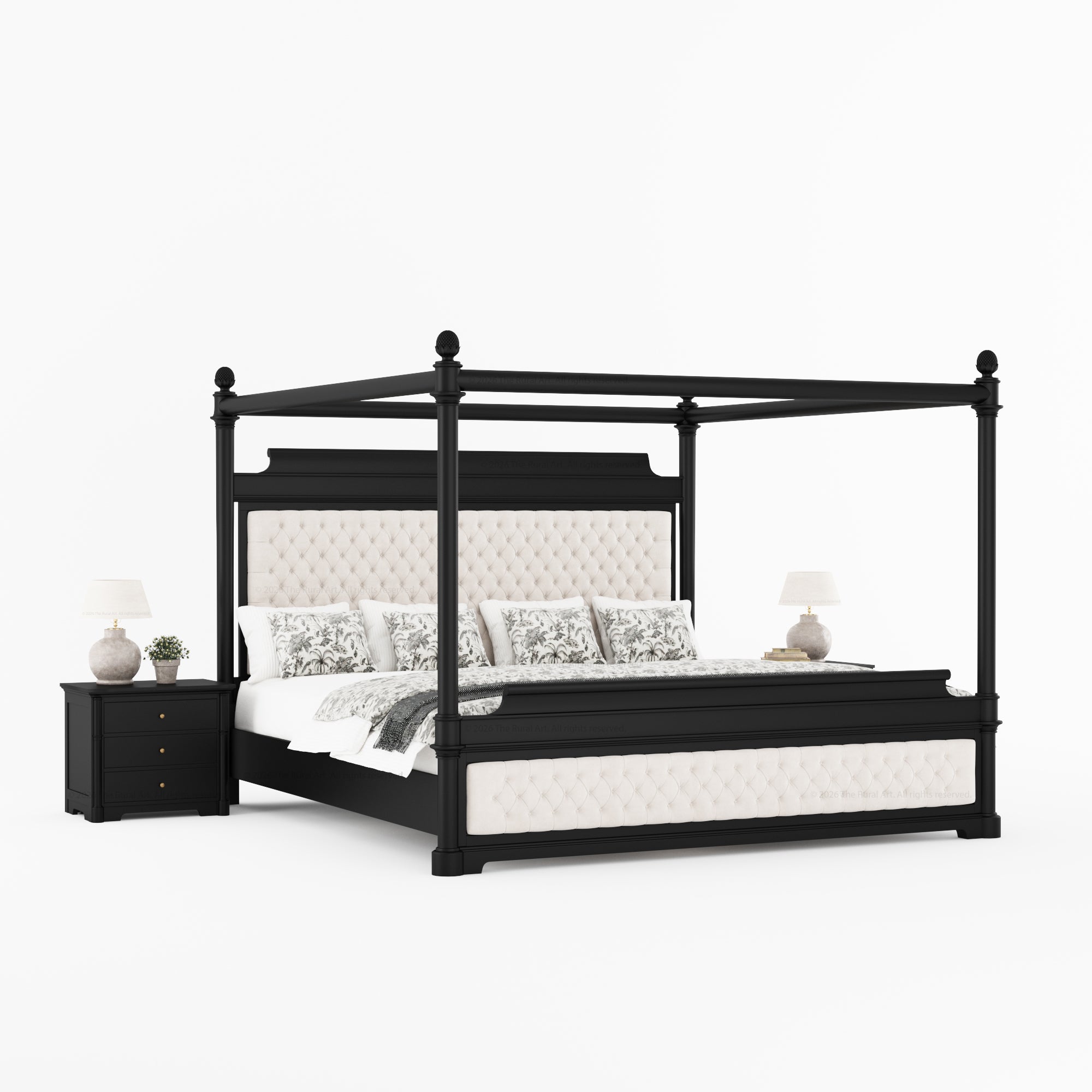 Abilene Four Poster Canopy Solid Wood Bed with Tufted Upholstered Headboard &amp; Footboard