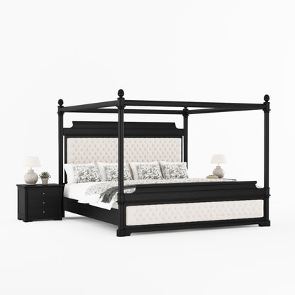 Abilene Four Poster Canopy Solid Wood Bed with Tufted Upholstered Headboard &amp; Footboard