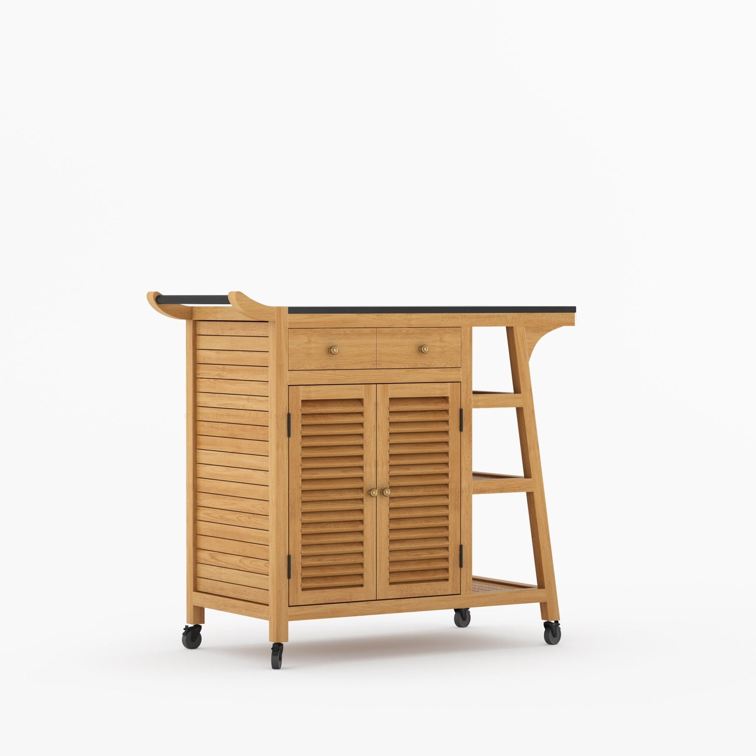 Ketchikan Solid Wood Outdoor Wine Cart with Storage &amp; Serving Shelves
