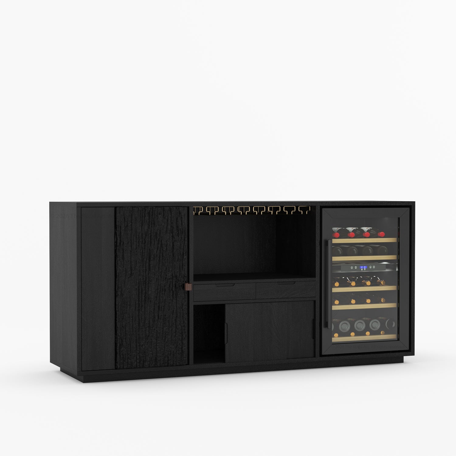 Myers Modern Black Bar Cabinet with Mini Fridge Space &amp; Leather Strap Door