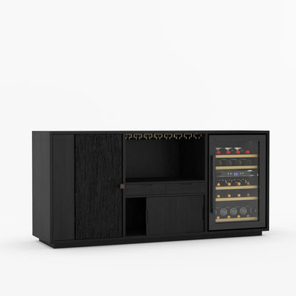 Myers Modern Black Bar Cabinet with Mini Fridge Space &amp; Leather Strap Door