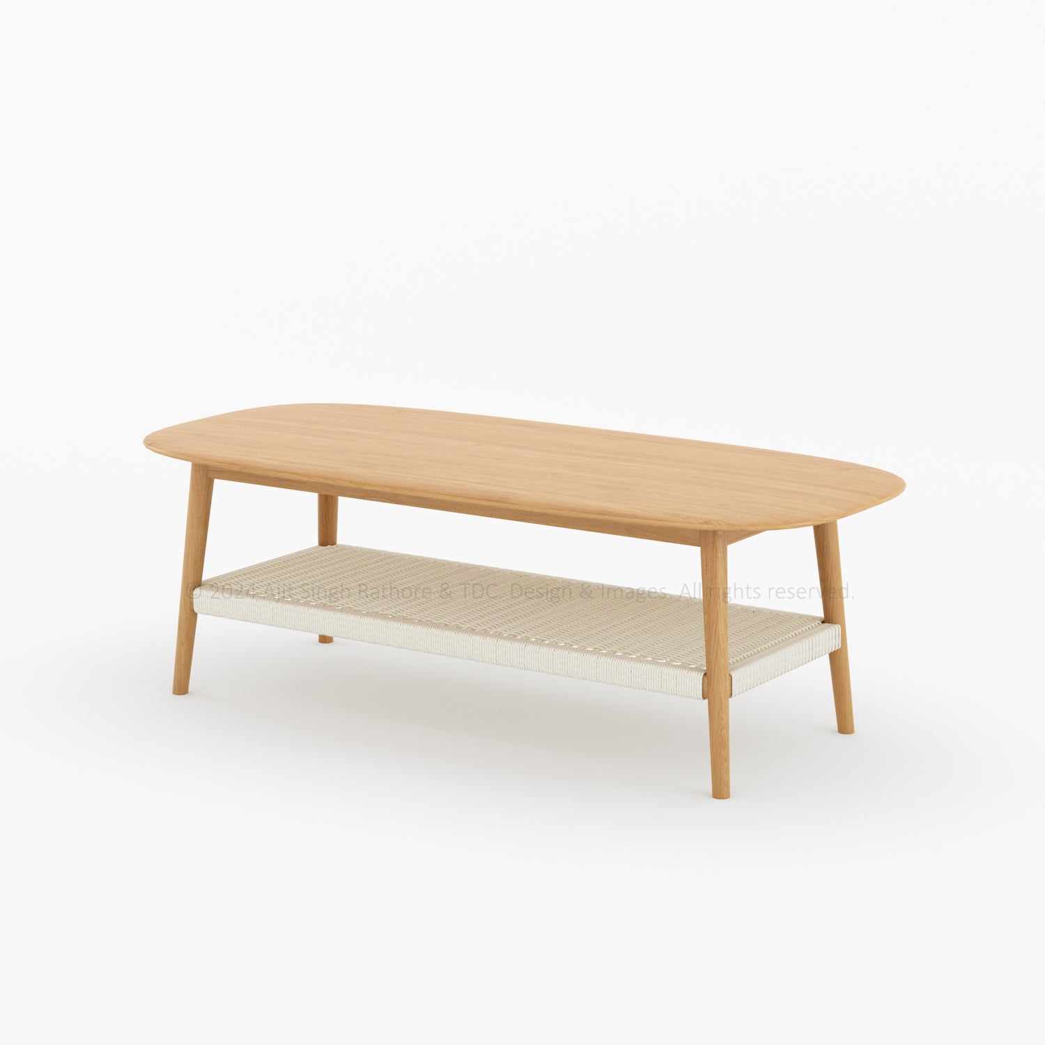 Two-Tier Coffee Table with Solid Wood Top and Polyester Rope Shelf