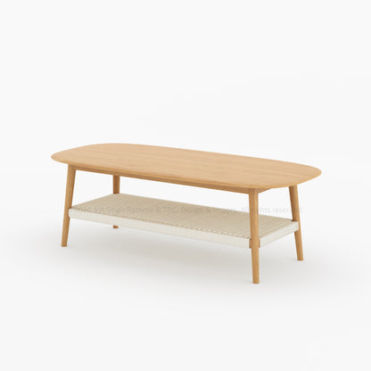 Two-Tier Coffee Table with Solid Wood Top and Polyester Rope Shelf