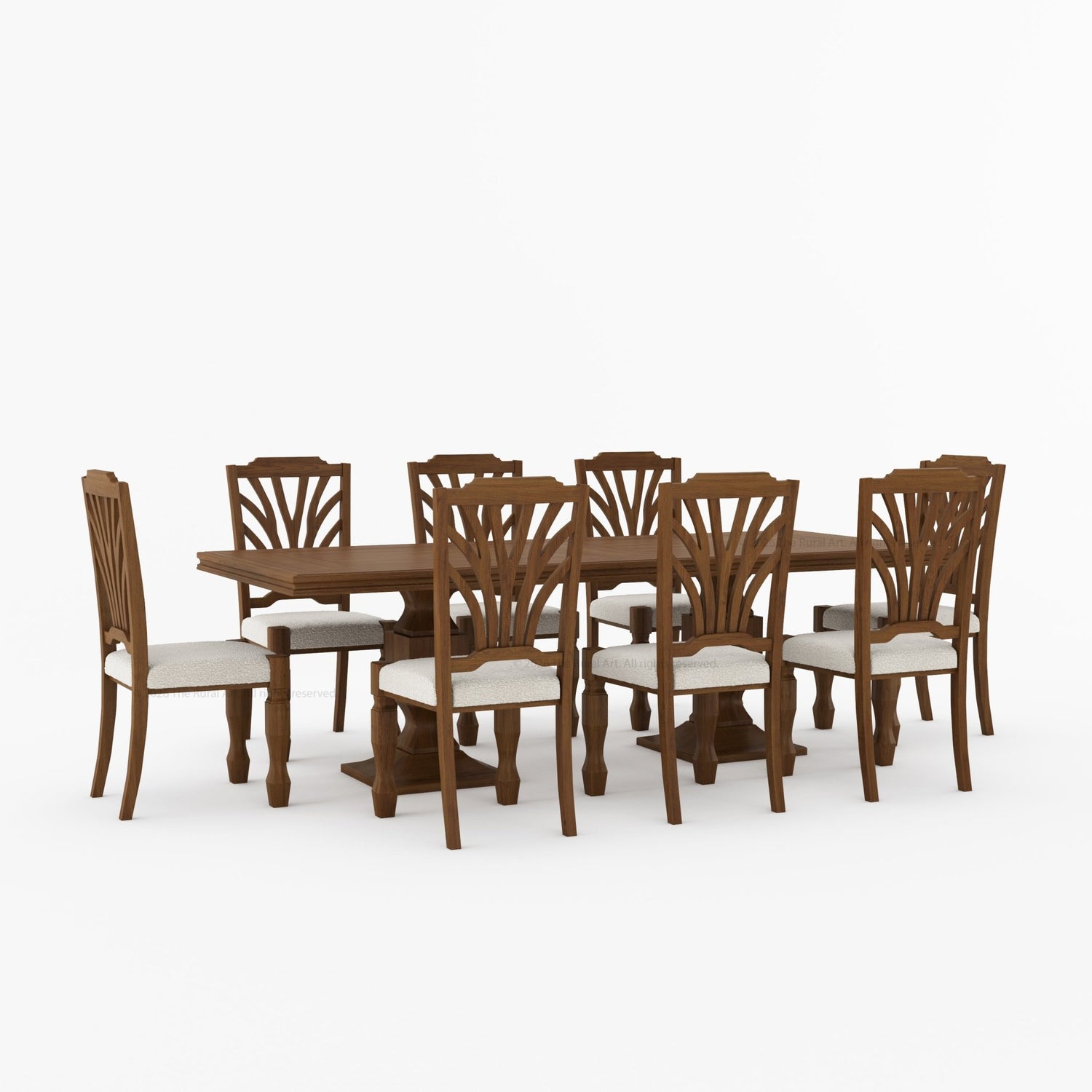 Carlsbad Solid Wood Double Pedestal Dining Table Set with Upholstered Sunburst Chairs