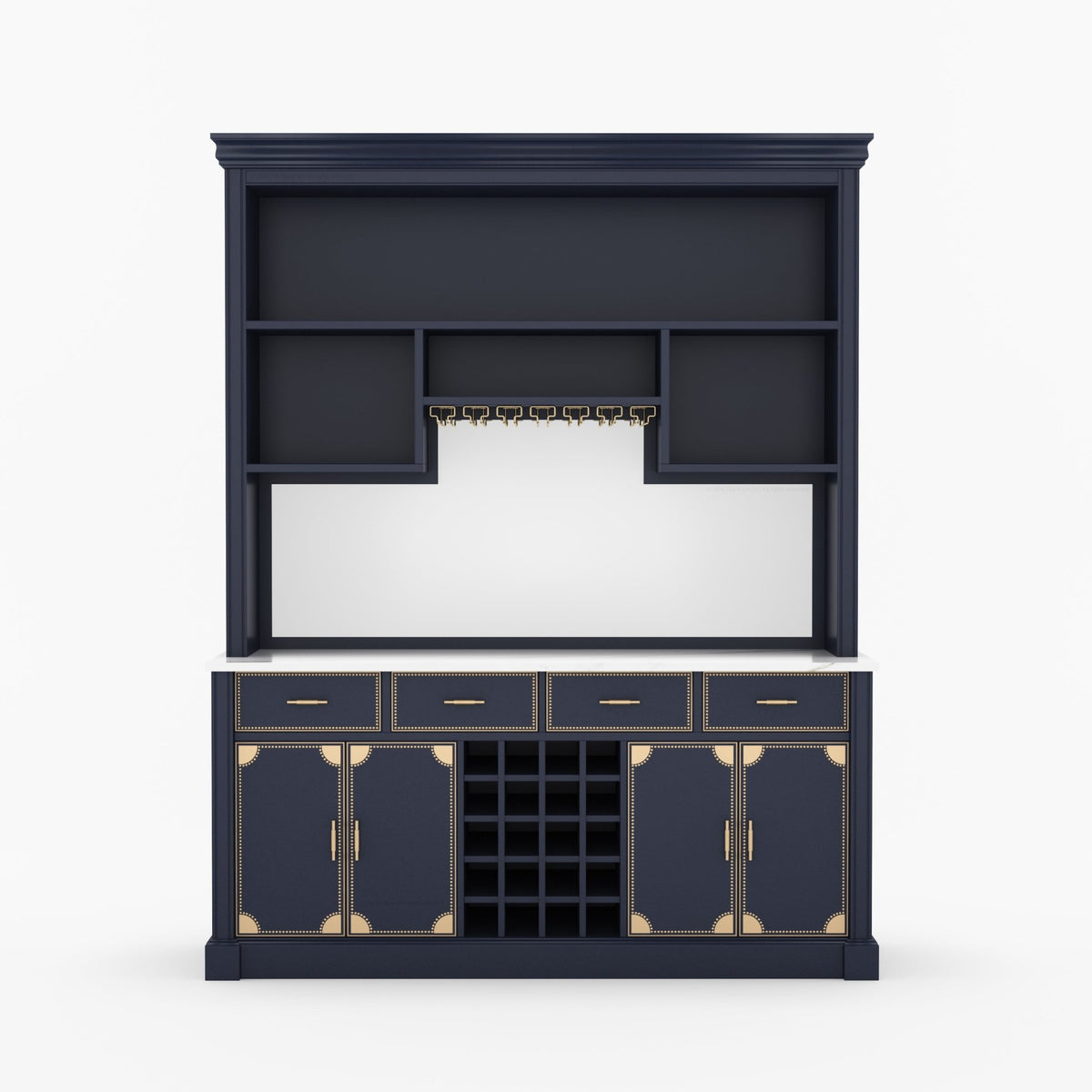Lexington Solid Wood Wine Bar Cabinet with Hutch, Marble Countertop &amp; Leather Detailing