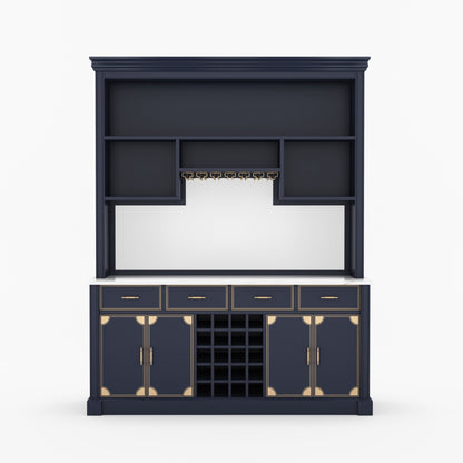 Lexington Solid Wood Wine Bar Cabinet with Hutch, Marble Countertop &amp; Leather Detailing