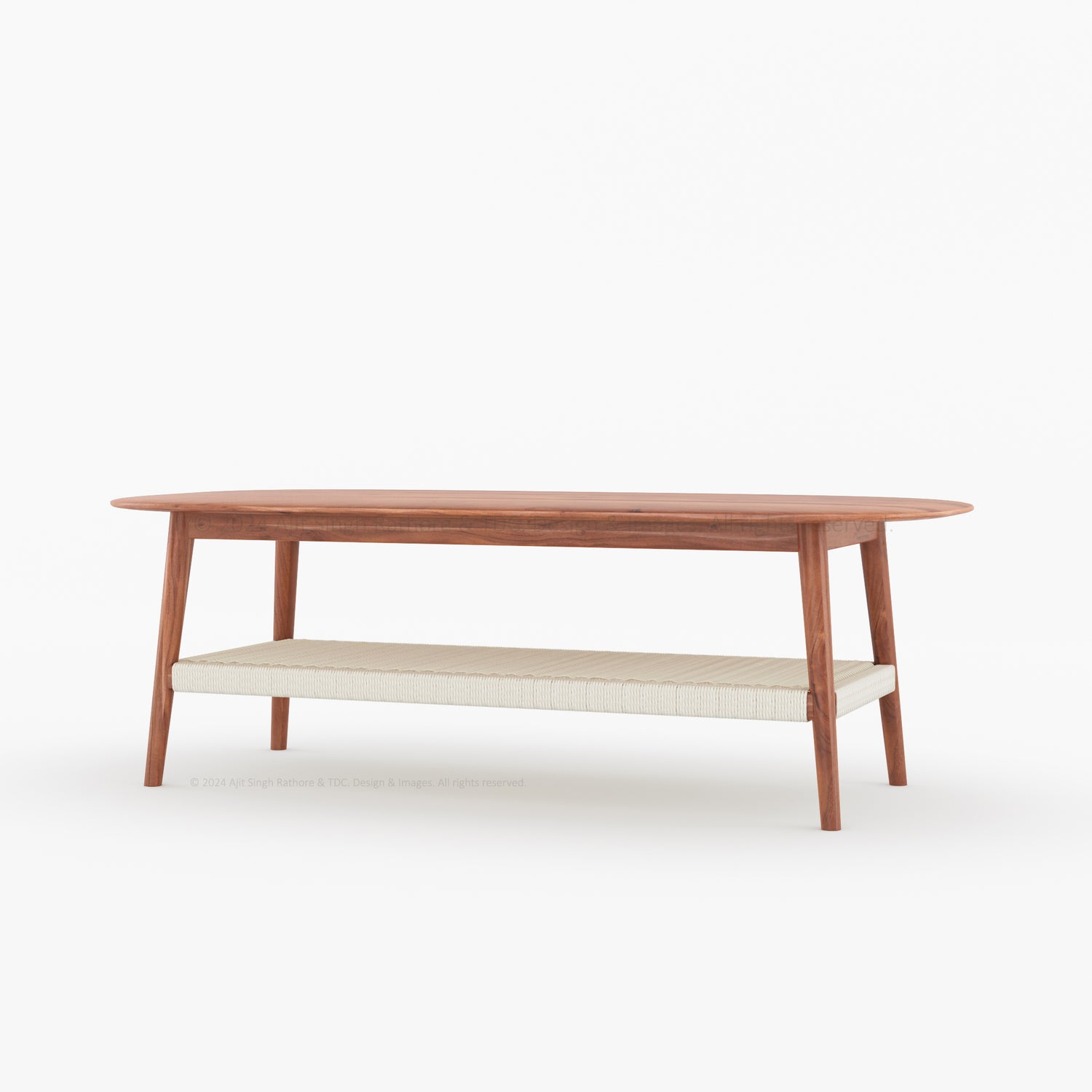 Two-Tier Coffee Table with Solid Wood Top and Polyester Rope Shelf